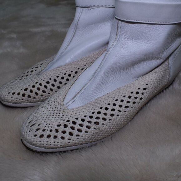 Charles Jourdan VTG 80s White Leather Crochet Ankle Boots Women’s Size 8.5 - Picture 4 of 16
